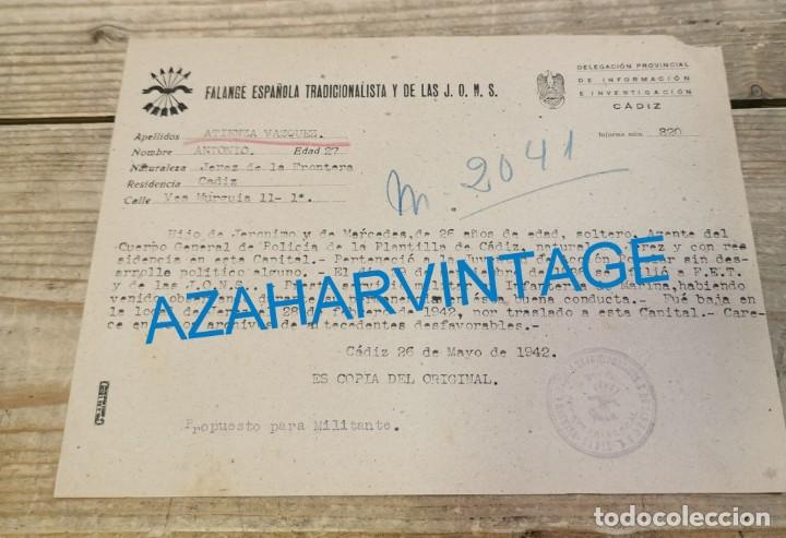 Militaria: CADIZ, 1942, CERTIFICADO CONDUCTA Y ANTECEDENTES FUTURO MILITANTE DE FALANGE