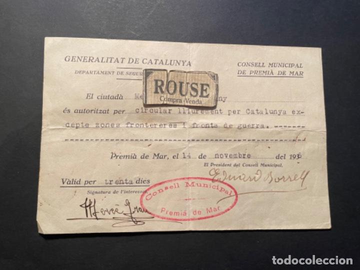 Military Antiques: GUERRA CIVIL - PREMI&Agrave; SALVOCONDUCTO CONSELL MUNICIPAL DE PREMI&Agrave; DE MAR - GENERALITAT DE CATALUNYA -