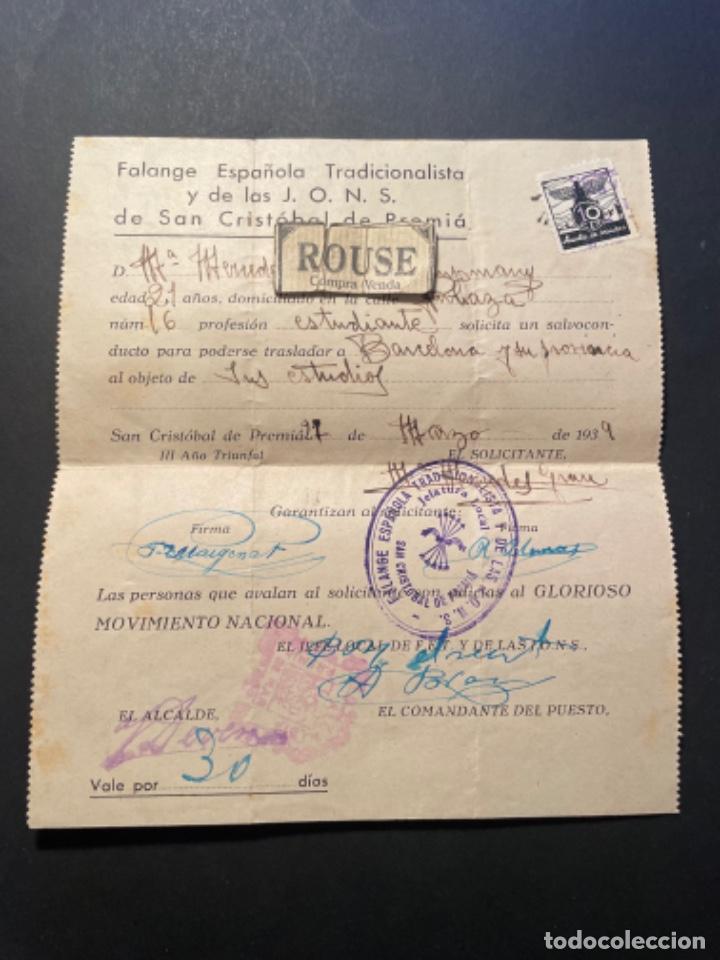 Military Antiques: GUERRA CIVIL / POSGUERRA - PREMI&Agrave; DE MAR (SAN CRISTOBAL DE PREMI&Aacute;) SALVOCONDUCTO FALANGE ESPA&Ntilde;OLA T