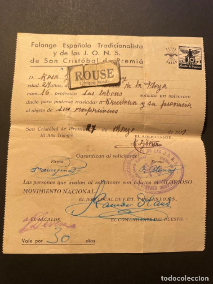 Military Antiques: GUERRA CIVIL / POSGUERRA - PREMI&Agrave; DE MAR (SAN CRISTOBAL DE PREMI&Aacute;) SALVOCONDUCTO FALANGE ESPA&Ntilde;OLA T