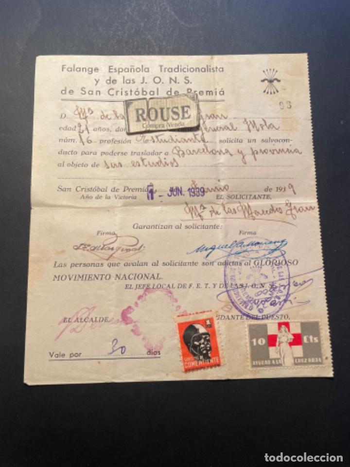Militaria: GUERRA CIVIL / POSGUERRA - PREMI&Agrave; DE MAR (SAN CRISTOBAL DE PREMI&Aacute;) SALVOCONDUCTO FALANGE ESPA&Ntilde;OLA T