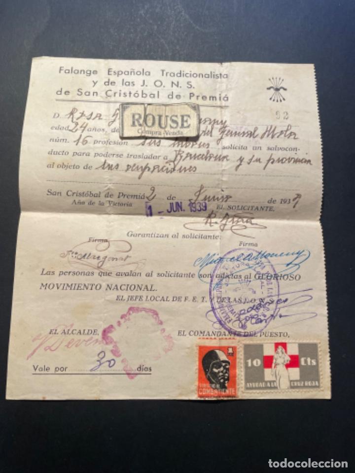 Militaria: GUERRA CIVIL / POSGUERRA - PREMI&Agrave; DE MAR (SAN CRISTOBAL DE PREMI&Aacute;) SALVOCONDUCTO FALANGE ESPA&Ntilde;OLA T