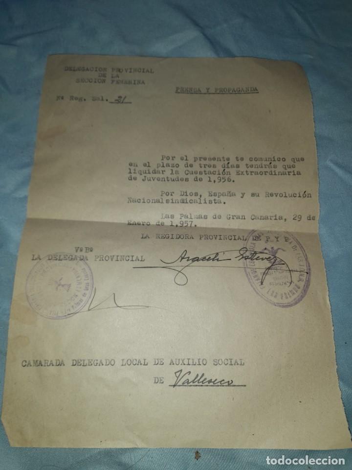 Military Antiques: Antiguo documento militar delegaci&oacute;n provincial de la secci&oacute;n femenina, las palmas 1957