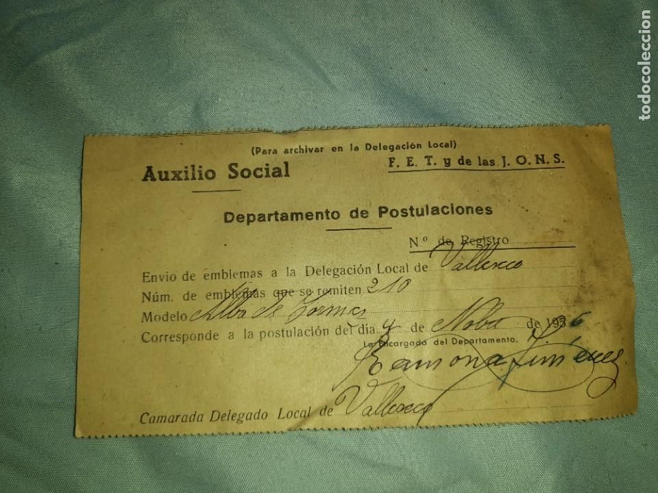 Military Antiques: Antiguo recibo departamento postulaciones falange espa&ntilde;ola J.O.N.S auxilio social, 1956,raro