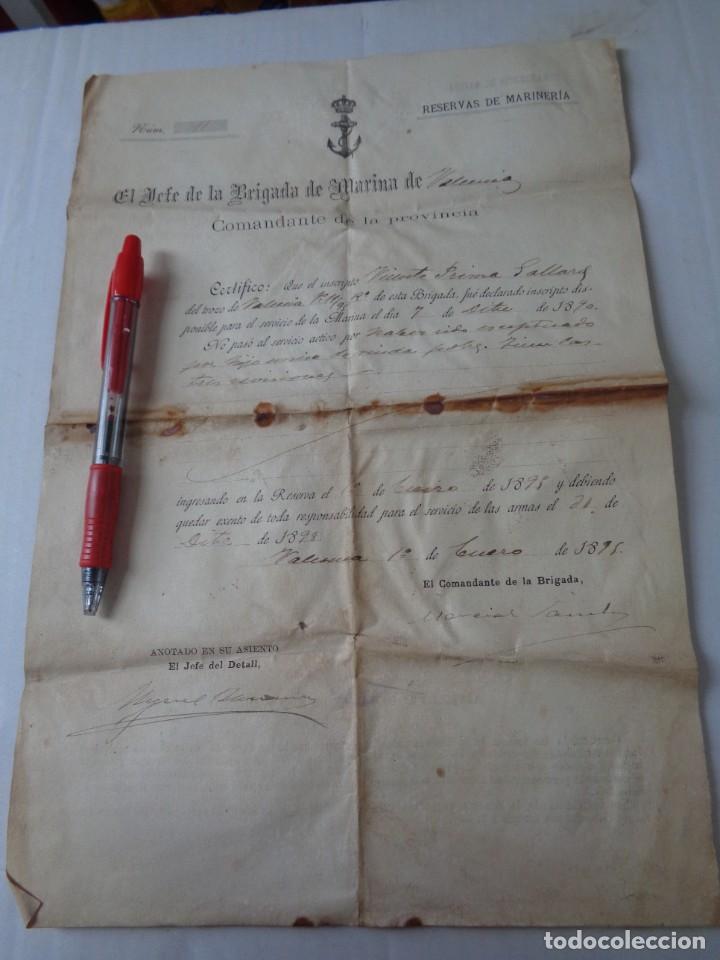 Military Antiques: Documento Reservas de Mariner&iacute;a de marinero - Jefe de la Brigada de Marina de Valencia 1890