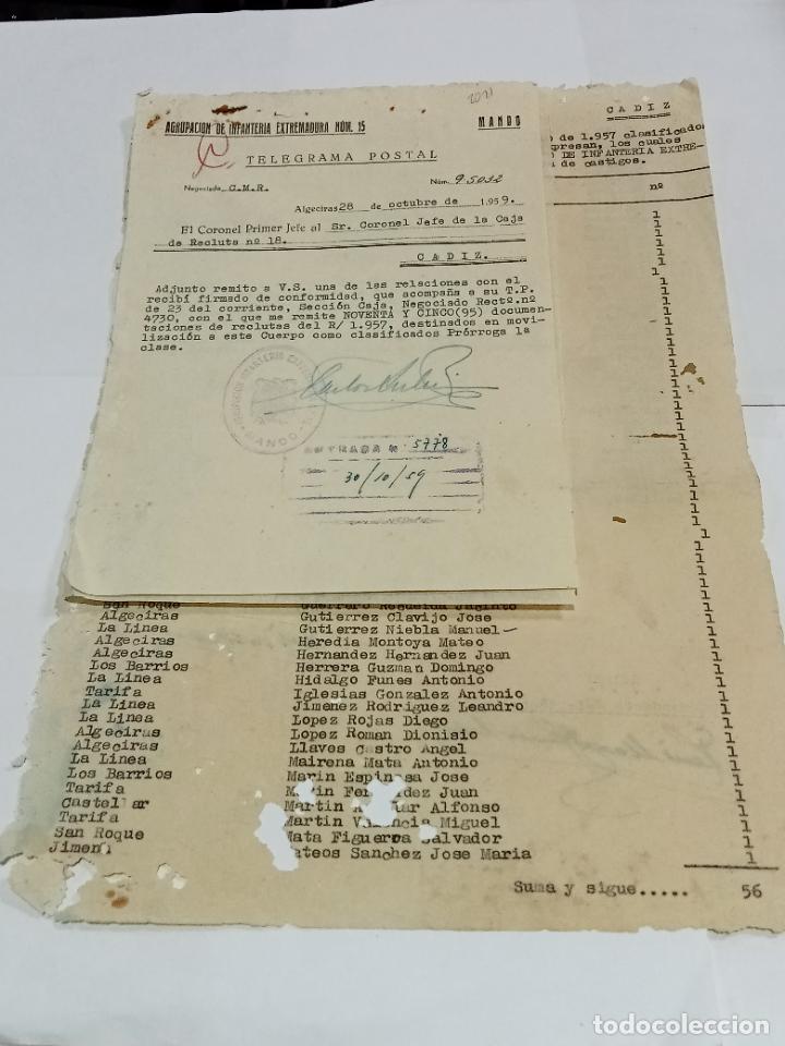 Military Antiques: RELACION NOMINAL RECLUTAS REMPLAZO 1957 CON TELEGRAMA ADJUNTO. DESTINADO A EXTRAMADURA. VER