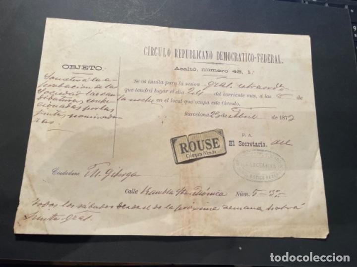 Military Antiques: ANTIGUO DOCUMENTO - CIRCULO REPUBLICANO DEMOCRATICO-FEDERAL - GUNT- GENERL. EXTRAORD.BARCELONA 1873