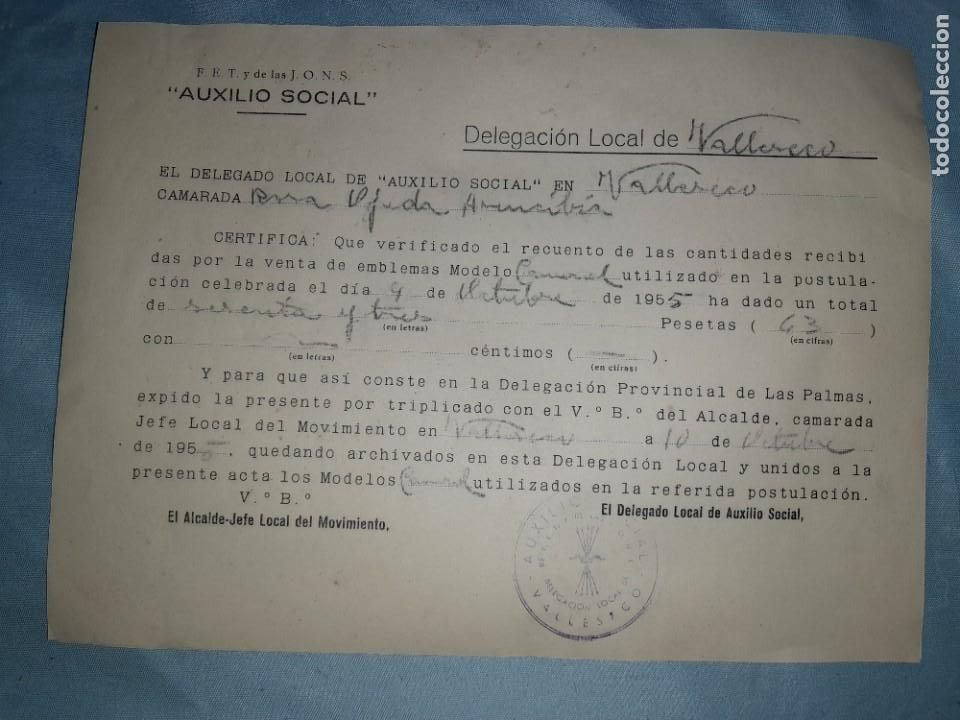 Military Antiques: Antiguo documento auxilio social de falange espa&ntilde;ola y J.O.N.S a&ntilde;o 1955,canarias