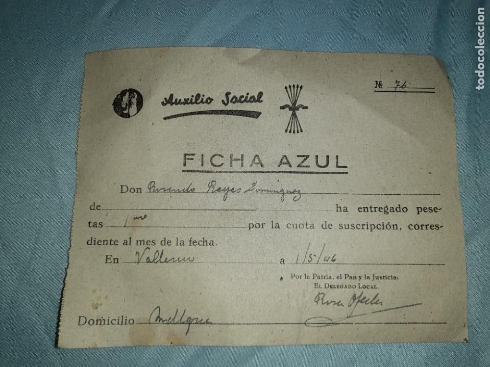 Military Antiques: Antiguo recibo ficha azul de auxilio social valleseco falange espa&ntilde;ola a&ntilde;o 1946,