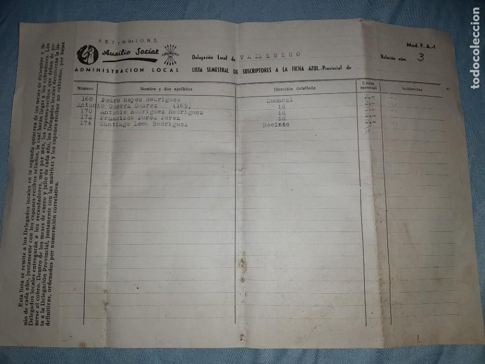 Military Antiques: Antigua lista suscriptores ficha azul auxilio social valleseco falange espa&ntilde;ola J.O.N.S a&ntilde;os 40