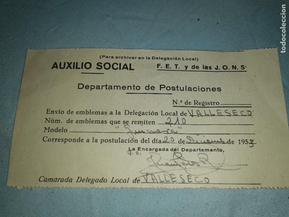 Military Antiques: Antiguo recibo departamento de postulaciones auxilio social falange, entrega material a&ntilde;o 1953