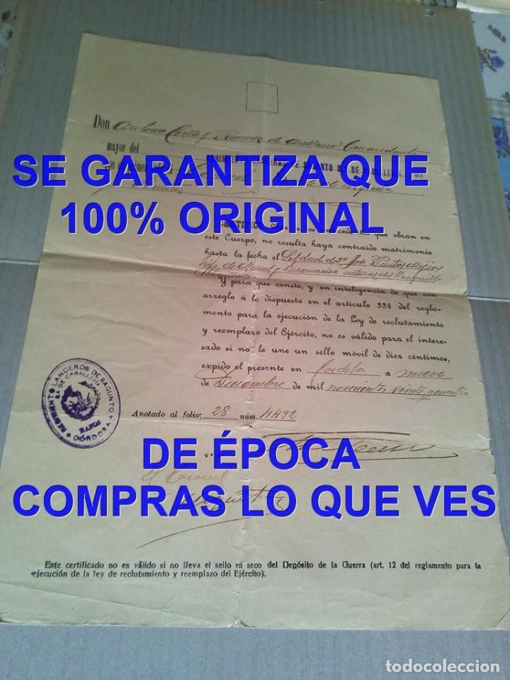 Militaria: 1924 SAGUNTO REGIMIENTO LANCEROS CERTIFICADO SOLTER&Iacute;A E99