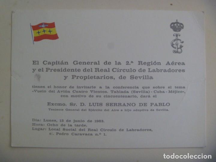 Militaria: 2&ordf; REGION AEREA: TARJETA INVITACION DEL CAPITAN GENERAL A CONFERENCIA TABLADA. SEVILLA, 1983