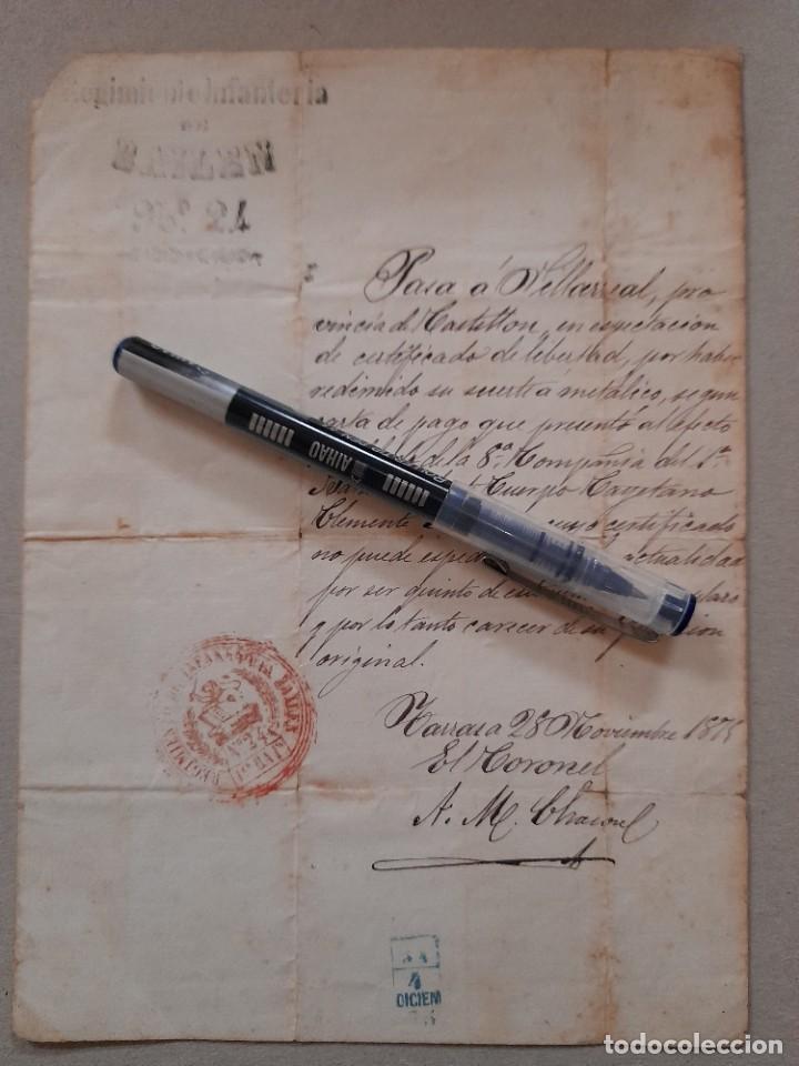 Militaria: Documento del Regimiento de Infanter&iacute;a Bail&eacute;n n&ordm; 24, fija residencia en Villarreal, Castell&oacute;n 1875