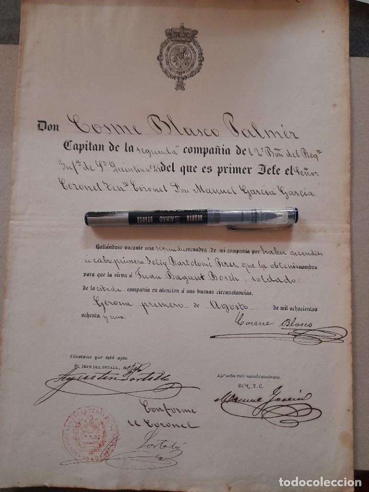Militaria: Nombramiento de cabo primero Regimiento Infanter&iacute;a San Quint&iacute;n 1881 Gerona Catalu&ntilde;a