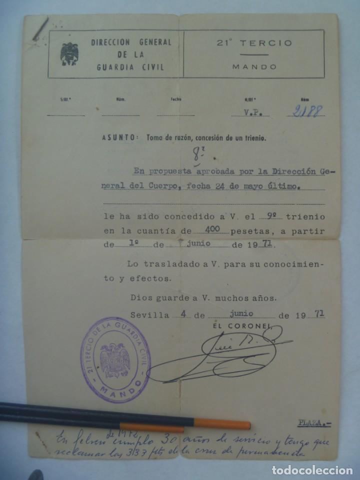 Militaria: GUARDIA CIVIL - 21&ordm; TERCIO: RECONOCIMIENTO DE TRIENIO DE AGENTE. SEVILLA, 1971 . CON VI&Ntilde;ETAS