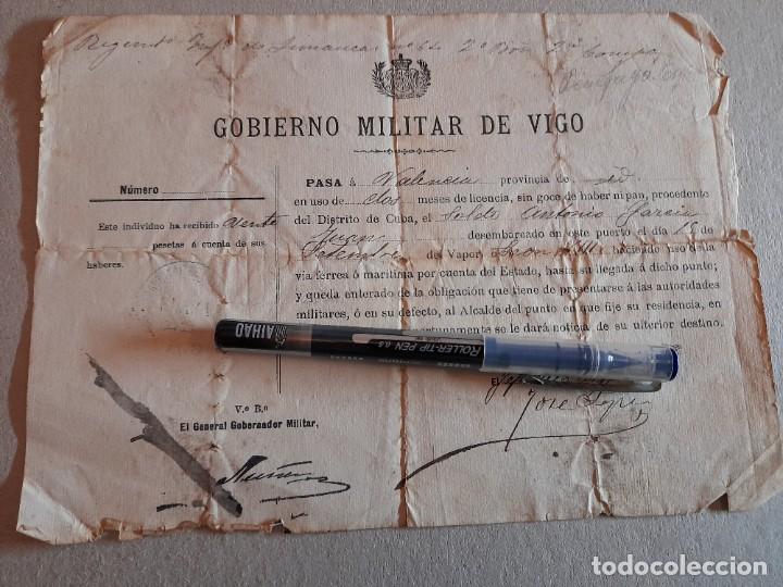 Militaria: Pase embarque de un soldado repatriado al final de la guerra de Cuba, 1898 Vigo hacia Valencia