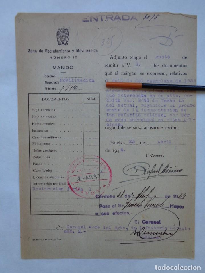 Militaria: ZONA RECLUTAMIENTO N&ordm; 10 - RGTO. INFANTERIA LEPANTO 2: NOTA SOBRE SOLDADO. HUELVA, 1944