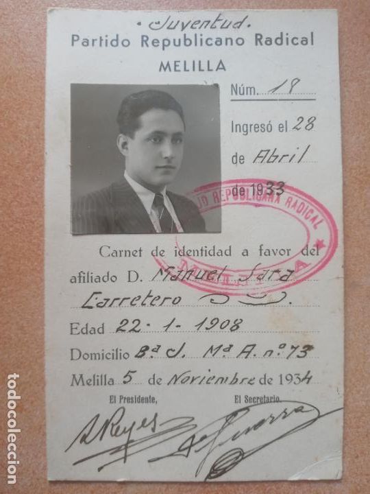 Militaria: Carnet Partido Republicano Radical de Melilla- 1933-34