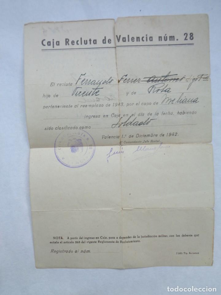 Military Antiques: CAJA DE RECLUTA N&ordm; 28 : NOTA DE SOLDADO DE MELIANA. VALENCIA, 1942