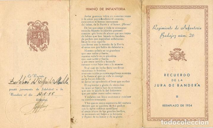Militaria: 1006. Documento triptico Jura Bandera 1954, Regimiento Infanteria BADAJOZ 26