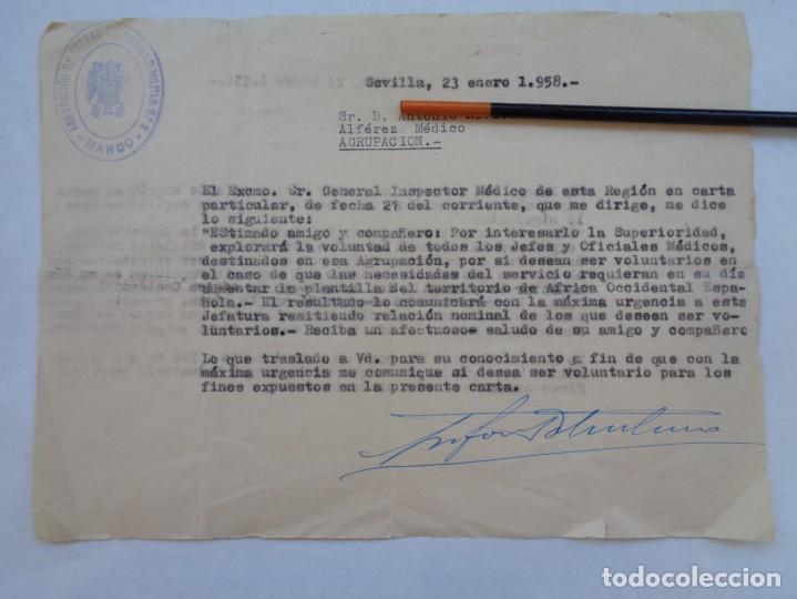 Militaria: GUERRA IFNI - SAHARA: CARTA TROPAS SANIDAD INVITANDO A ALFEREZ MEDICO A PRESENTARSE VOLUNTARIO, 1958