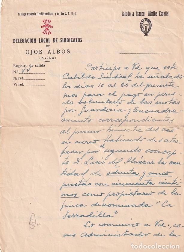 Militaria: Delegaci&oacute;n local de sindicatos. Ojos Albos Avila. Falange espa&ntilde;ola.