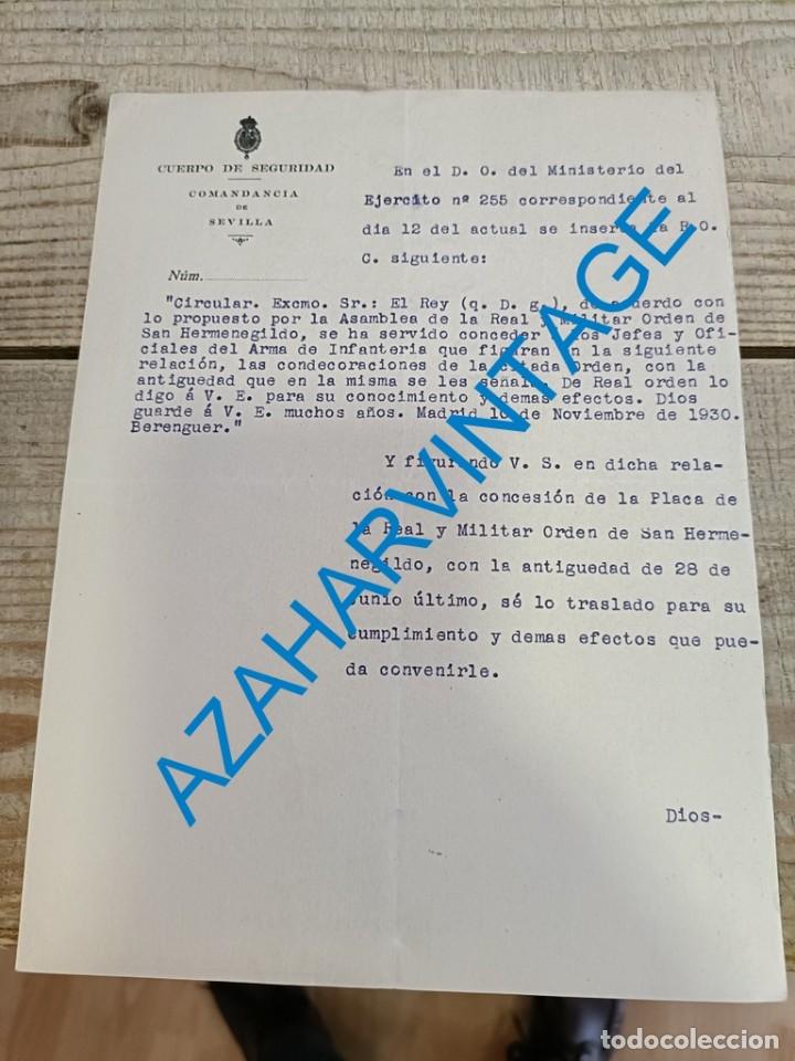 Militaria: SEVILLA, 1930, COMUNICACION CONCESION PLACA ORDEN DE SAN HERMENEGILDO