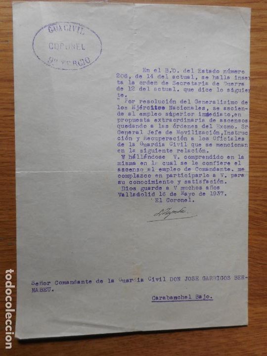 Militaria: ANTIGUA CARTA CORONEL 9&ordm; TERCIO GUARDIA CIVIL VALLADOLID 1937 GUERRA CIVIL ASCENSO A COMANDANTE