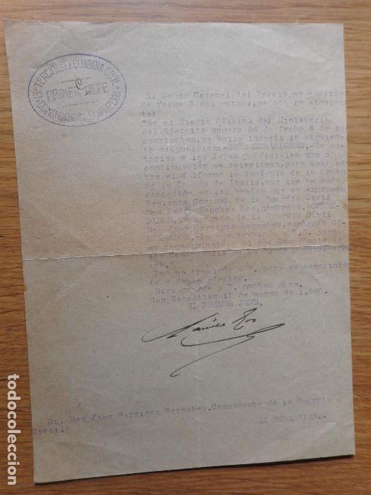 Militaria: ANTIGUA CARTA 13&ordm; TERCIO GUARDIA CIVIL COMANDANCIA GUIPUZCOA SAN SEBASTIAN 1940