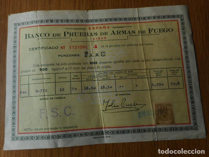 Militaria: ANTIGUO CERTIFICADO BANCO PRUEBAS ARMAS FUEGO ESCOPETA FSC EIBAR