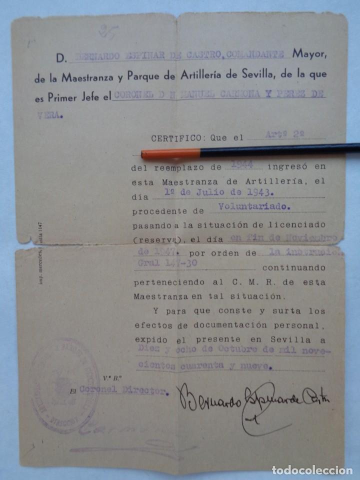 Militaria: MAESTRANZA Y PARQUE DE ARTILLERIA: CERTIFICADO LICENCIA DE SOLDADO VOLUNTARIO. SEVILLA, 1949