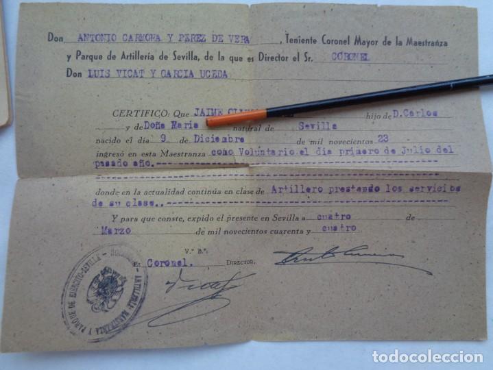 Militaria: MAESTRANZA Y PARQUE DE ARTILLERIA: CERTIFICADO DE SOLDADO VOLUNTARIO. SEVILLA, 1944