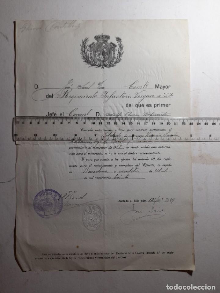 Militaria: Lote de documentos militares antiguos &eacute;poca Alfonso XIII licencia matrimonio y licencia absoluta
