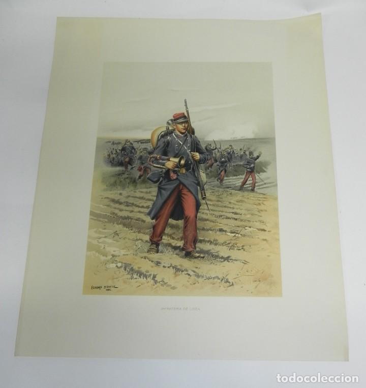 Militaria: Lamina Soldados Franceses, Infanteria de linea, ilustrados por Edouard Detaille 1885, mide 52,5 x 42