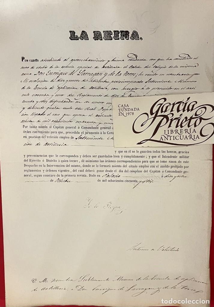 Militaria: LA REINA 1856 TITULO EMPLEO AL CADETE ENRIQUE DE LARRAGAN DE LA TORRE A LA ESCUELA DE ARTILLERIA