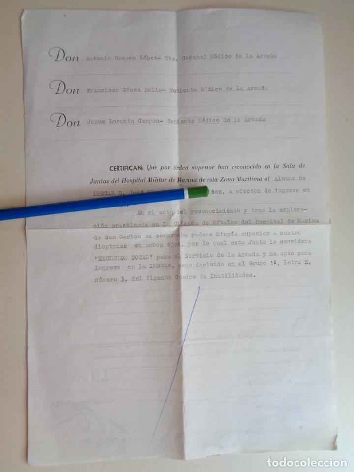 Militaria: HOSPITAL MILITAR DE LA ARMADA ZONA ESTRECHO : CERTIFICADO EXCLUIDO POR MIOPIA. SAN FERNANDO, 1977