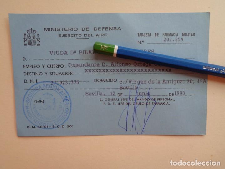 Militaria: MINISTERIO DE DEFENSA - EJERCITO DEL AIRE: TARJETA FARMACIA MILITAR VIUDA DE COMANDANTE. SEVILLA