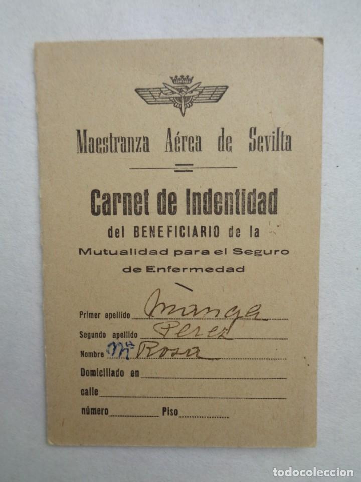 Militaria: AVIACION - MAESTRANZA AEREA DE SEVILLA: CARNET BENEFICIARIO MUTUA HIJA DE TRABAJADOR. SEVILLA, 1957