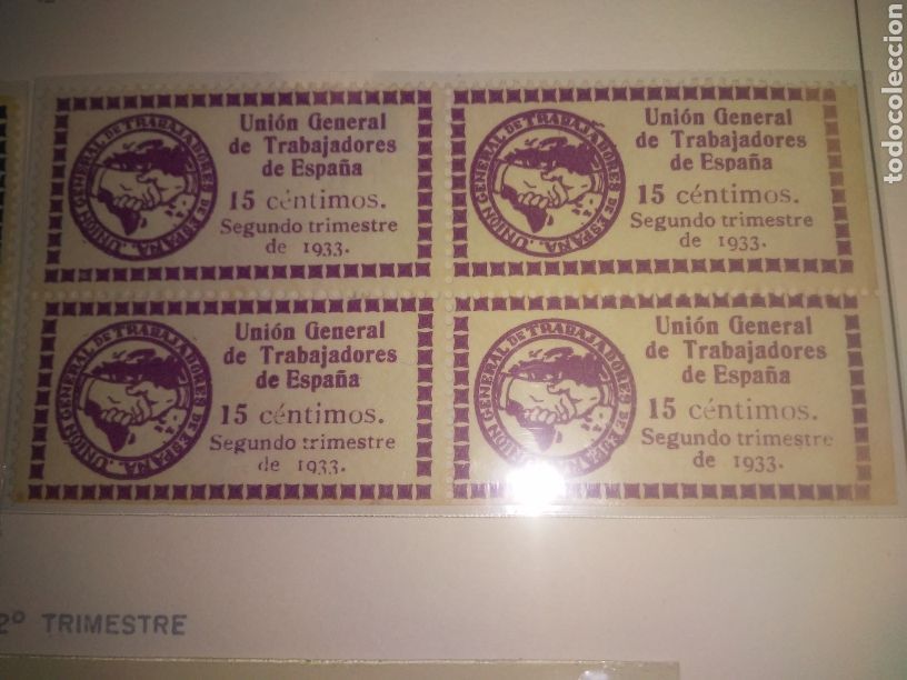 Militaria: UGT. A&Ntilde;O 1933 4 CUPONES 2&ordm; TRIMESTRE 15 CENT. ROJOS