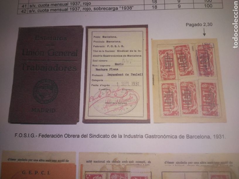 Militaria: UGT. A&Ntilde;O 1936 Y 37 8 CUPONES F.O.S.I.G. INGRESO 1931 CARTILLA