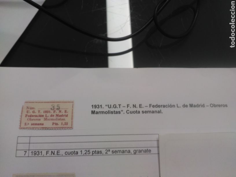 Militaria: UGT. A&Ntilde;O 1936 FEDERACION L. DE MADRID OBREROS MARMOLISTAS CUOTA SEMANAL