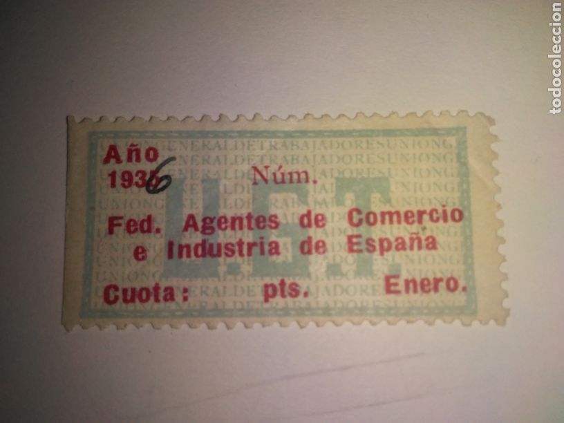 Militaria: UGT. A&Ntilde;O 1935 FEDERACION AGENTES DE COMERCIO E INDUSTRIA CUOTA MENSUAL SOBRECARGA 1936