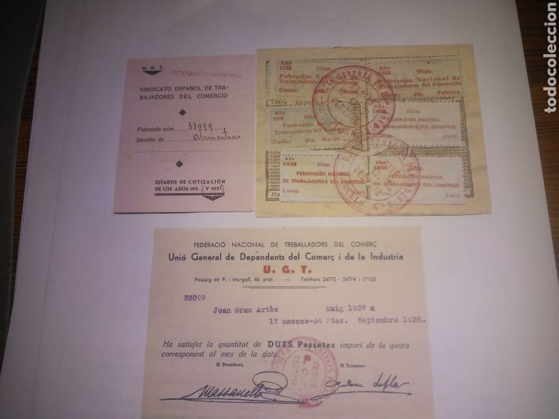 Militaria: UGT. A&Ntilde;O 1938 FEDERACION NACIONAL DE TRABAJADORES DEL COMERCIO CUOTA MENSUAL