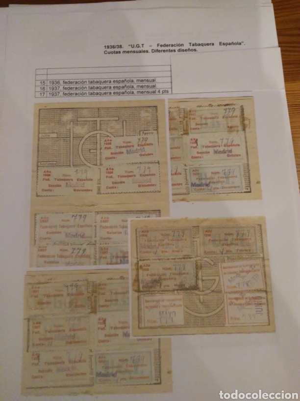 Militaria: UGT. A&Ntilde;O 1936/8 FEDERACION TABAQUERA ESPA&Ntilde;OLA CUOTAS MENSUALES DIFERENTES A&Ntilde;OS