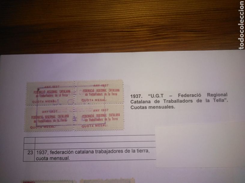 Militaria: UGT A&Ntilde;O 1937 FEDERACION REGIONAL CATALANA TRABAJADORES DE LA TELLA. CUOTAS MENSUALES,