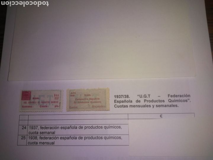 Militaria: UGT A&Ntilde;O 1937/8 FEDERACION ESPA&Ntilde;OLA DE PRODUCTOS QUIMICOS. CUOTAS MENSUALES Y SEMANALES,