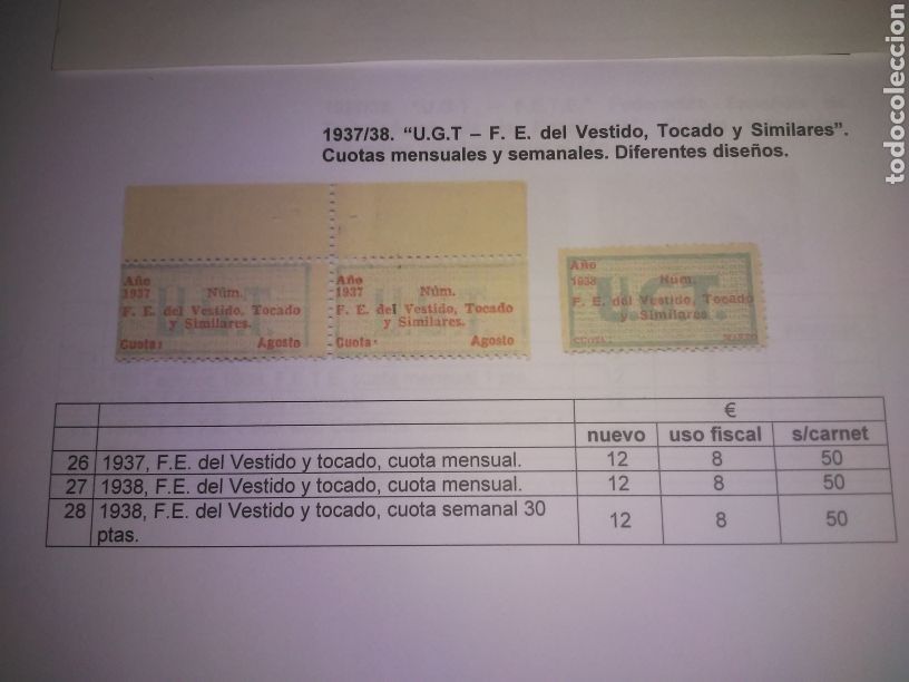 Militaria: UGT A&Ntilde;O 1937/8 FEDERACION ESPA&Ntilde;OLA DEL VESTIDO,TOCADO Y SIMILARES, CUOTAS MENSUALES Y SEMANALES,