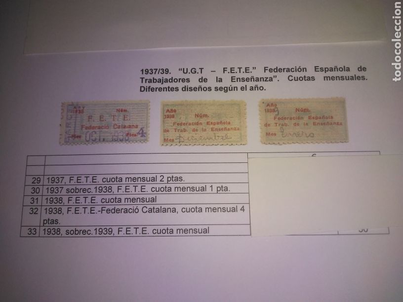 Militaria: UGT A&Ntilde;O 1937/8 FEDERACION ESPA&Ntilde;OLA DE TRABAJADORES DE LA ENSE&Ntilde;ANZA, CUOTAS MENSUALES DIFERENTES DISE