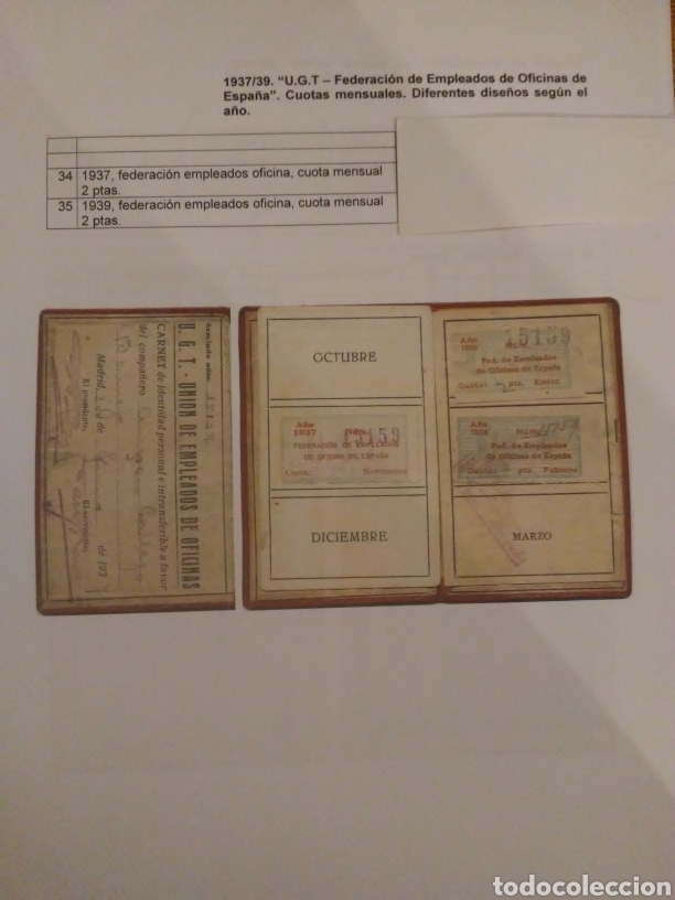 Militaria: UGT A&Ntilde;O 1937/9 FEDERACION ESPA&Ntilde;OLA DE EMPLEADOS DE OFICINA, CUOTAS MENSUALES DIFERENTES DISE&Ntilde;OS